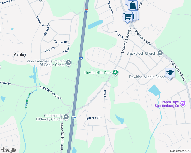 map of restaurants, bars, coffee shops, grocery stores, and more near 1300 Old Anderson Mill Road in Moore
