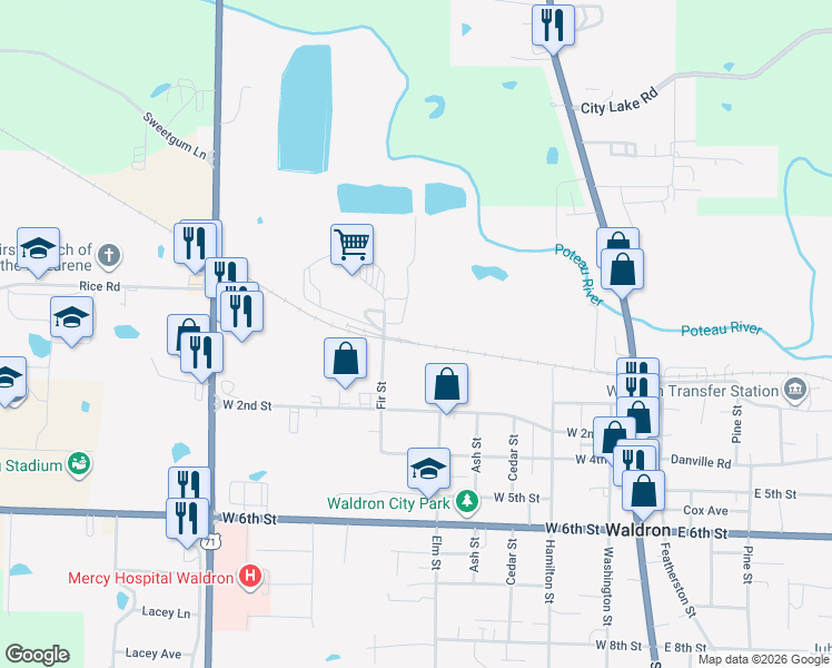 map of restaurants, bars, coffee shops, grocery stores, and more near 293 Fir Street in Waldron