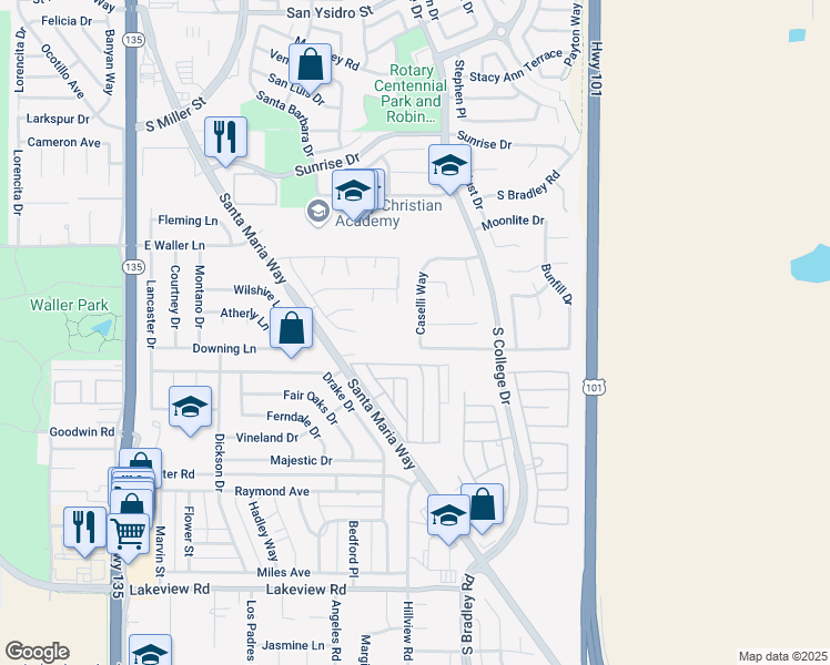 map of restaurants, bars, coffee shops, grocery stores, and more near 832 McCloud Street in Santa Maria