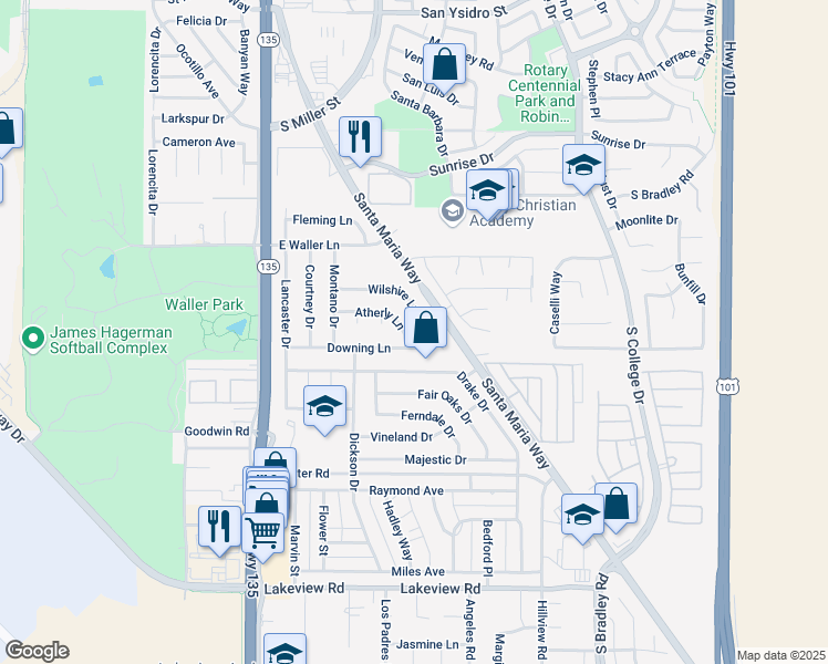 map of restaurants, bars, coffee shops, grocery stores, and more near 496 Downing Lane in Orcutt