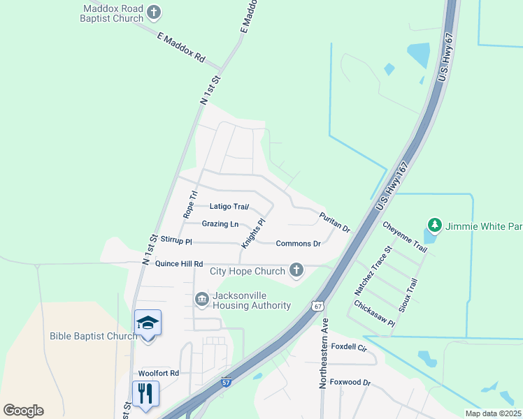 map of restaurants, bars, coffee shops, grocery stores, and more near 1102 Latigo Trail in Jacksonville