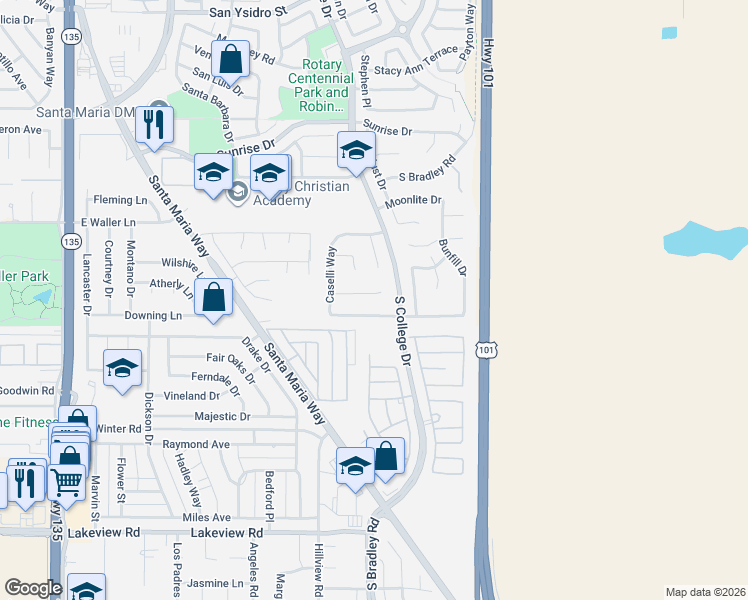 map of restaurants, bars, coffee shops, grocery stores, and more near 864 Sunshine Court in Santa Maria