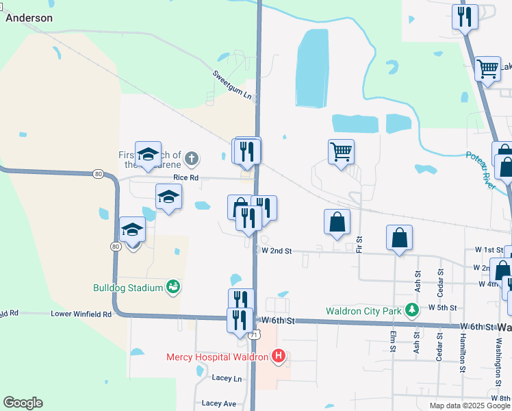 map of restaurants, bars, coffee shops, grocery stores, and more near 9-85 Highway 28 in Waldron