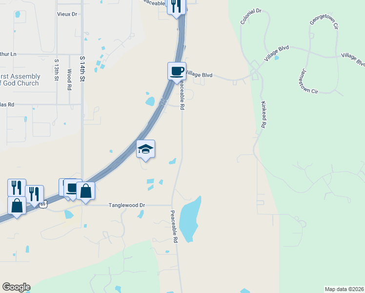 map of restaurants, bars, coffee shops, grocery stores, and more near 2263 Peaceable Road in McAlester
