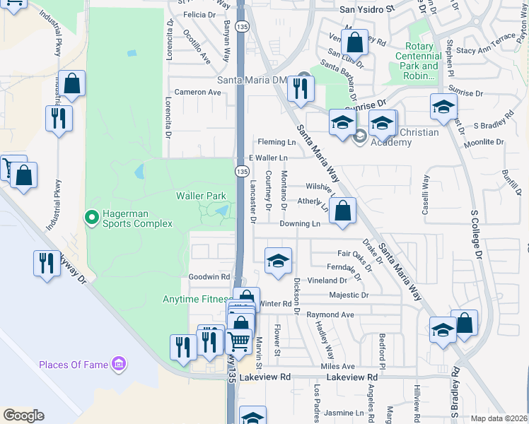 map of restaurants, bars, coffee shops, grocery stores, and more near 200 Downing Lane in Santa Maria