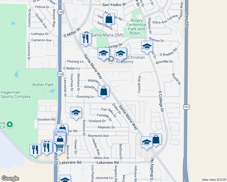 map of restaurants, bars, coffee shops, grocery stores, and more near 3085 Rod Drive in Santa Maria