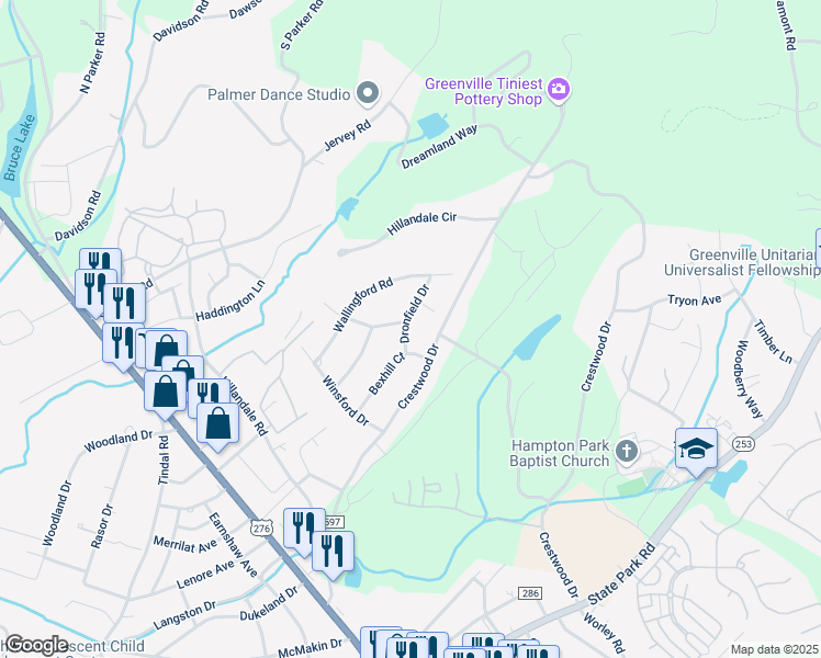map of restaurants, bars, coffee shops, grocery stores, and more near 107-111 Dronfield Drive in Greenville