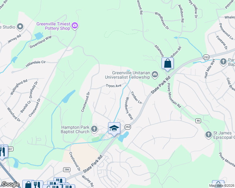 map of restaurants, bars, coffee shops, grocery stores, and more near 7 Tryon Avenue in Greenville