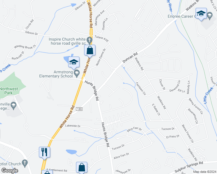 map of restaurants, bars, coffee shops, grocery stores, and more near 110 Creekpoint Drive in Greenville