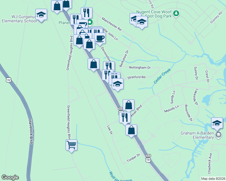 map of restaurants, bars, coffee shops, grocery stores, and more near State Road 1765 in Havelock