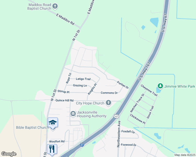 map of restaurants, bars, coffee shops, grocery stores, and more near 1305 Mesquite Trail in Jacksonville