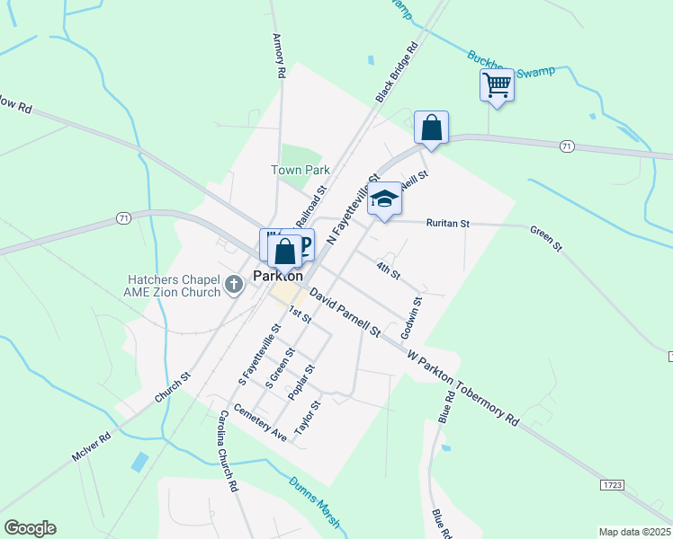map of restaurants, bars, coffee shops, grocery stores, and more near 207 3rd Street in Parkton