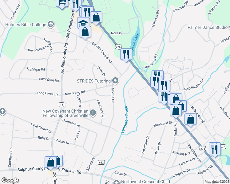 map of restaurants, bars, coffee shops, grocery stores, and more near 216 Montis Drive in Greenville