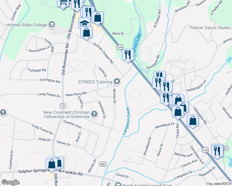 map of restaurants, bars, coffee shops, grocery stores, and more near 216 Montis Drive in Greenville