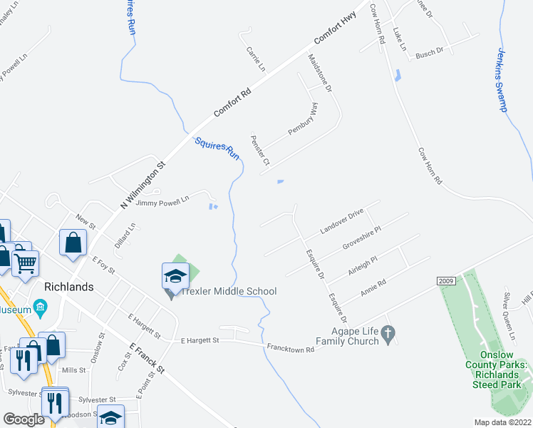 map of restaurants, bars, coffee shops, grocery stores, and more near 110 Woods Run Circle in Richlands