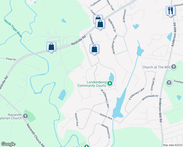 map of restaurants, bars, coffee shops, grocery stores, and more near 301 Gramercy Boulevard in Spartanburg