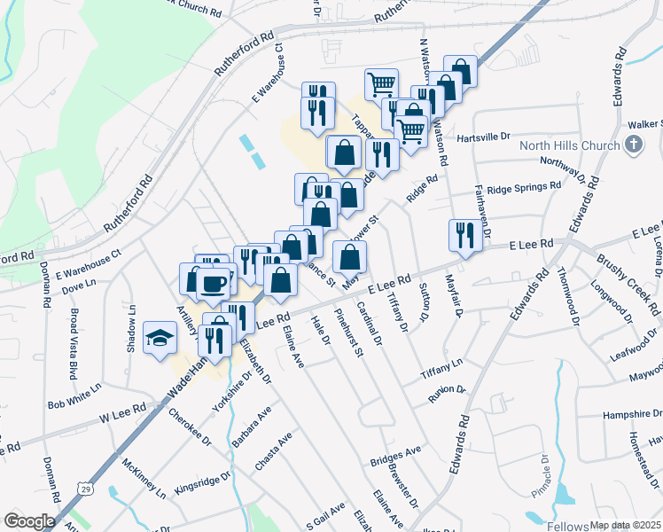 map of restaurants, bars, coffee shops, grocery stores, and more near 5 Mayflower Street in Taylors