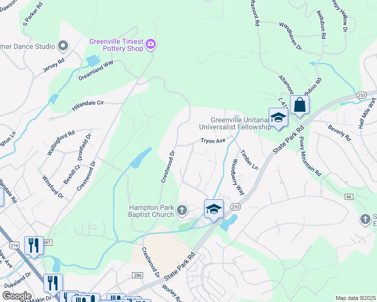 map of restaurants, bars, coffee shops, grocery stores, and more near 8 Hall Road in Greenville