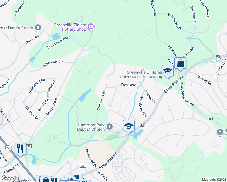 map of restaurants, bars, coffee shops, grocery stores, and more near 8 Hall Road in Greenville