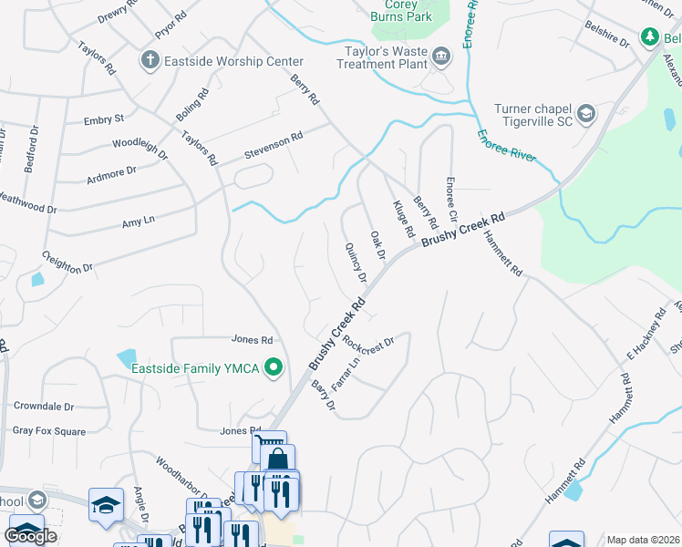 map of restaurants, bars, coffee shops, grocery stores, and more near 106 Quincy Drive in Greer