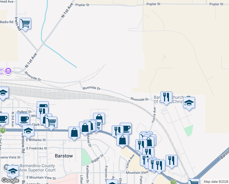 map of restaurants, bars, coffee shops, grocery stores, and more near 1001 Riverside Drive in Barstow