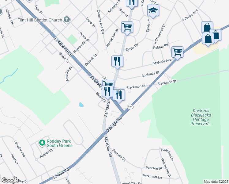 map of restaurants, bars, coffee shops, grocery stores, and more near 1302 Saluda Street in Rock Hill
