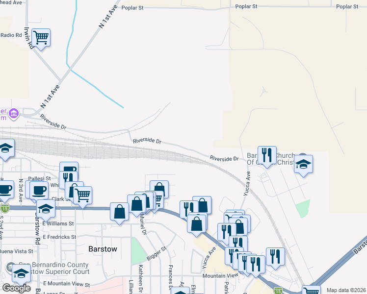 map of restaurants, bars, coffee shops, grocery stores, and more near 1001 Riverside Drive in Barstow