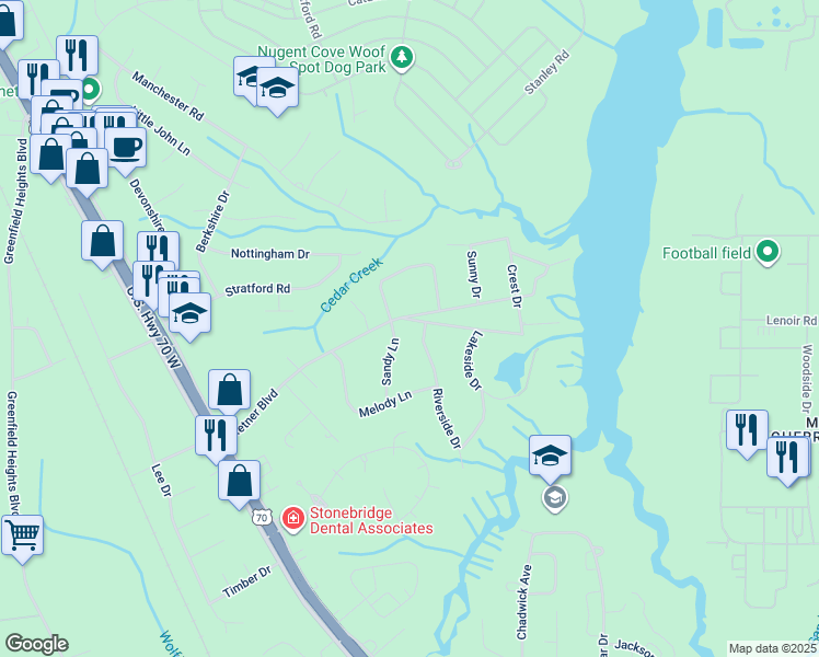 map of restaurants, bars, coffee shops, grocery stores, and more near 102 Crystal Lake Drive in Havelock