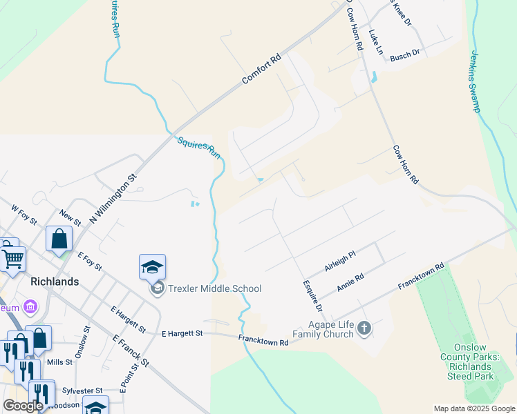 map of restaurants, bars, coffee shops, grocery stores, and more near 104 Woods Run Circle in Richlands