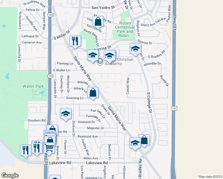 map of restaurants, bars, coffee shops, grocery stores, and more near 734 Richmind Court in Santa Maria