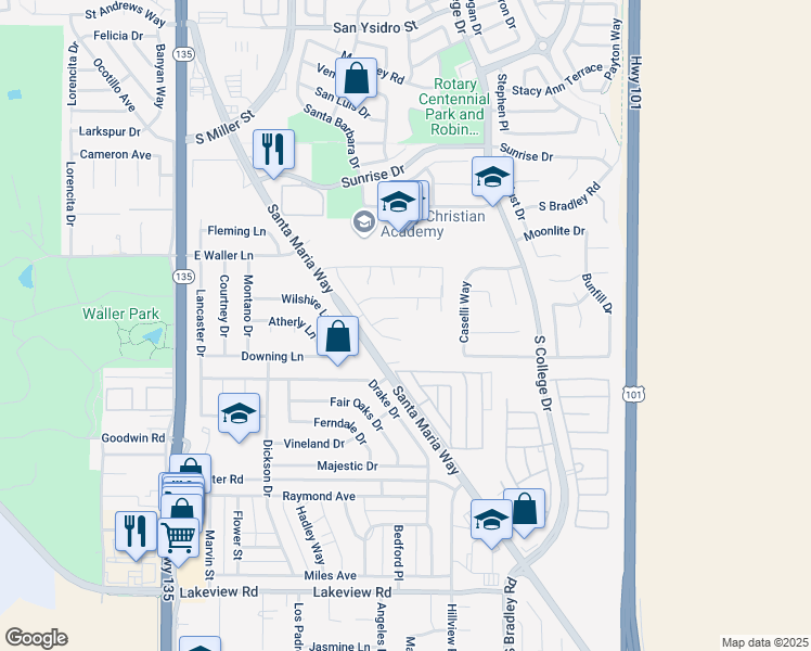 map of restaurants, bars, coffee shops, grocery stores, and more near 734 Richmind Court in Santa Maria