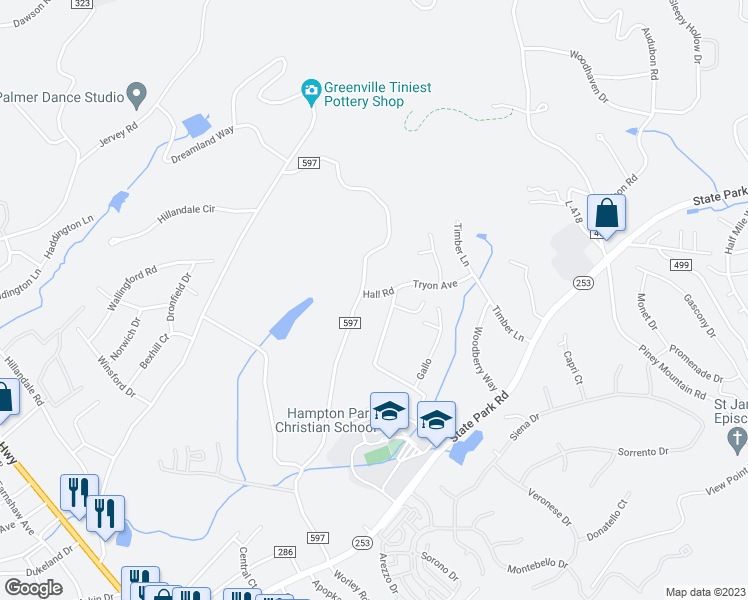 map of restaurants, bars, coffee shops, grocery stores, and more near 8 Hall Road in Greenville