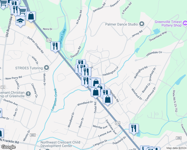 map of restaurants, bars, coffee shops, grocery stores, and more near 614 Summerville Way in Greenville