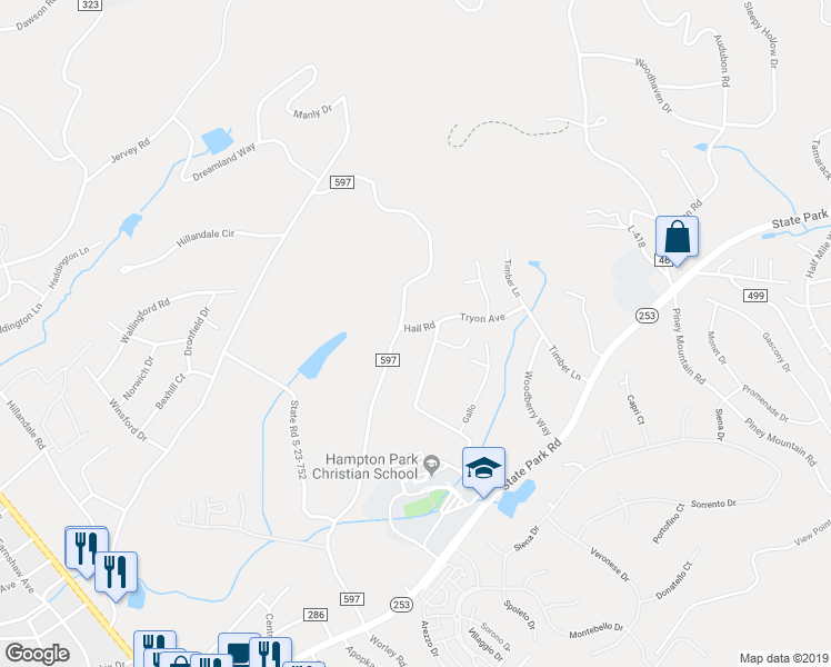 map of restaurants, bars, coffee shops, grocery stores, and more near 8 Hall Road in Greenville