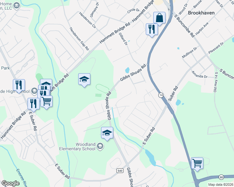 map of restaurants, bars, coffee shops, grocery stores, and more near 1659 Gibbs Shoals Road in Greer