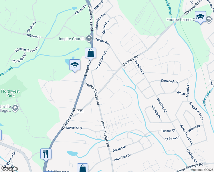 map of restaurants, bars, coffee shops, grocery stores, and more near 101 Creekpoint Drive in Greenville