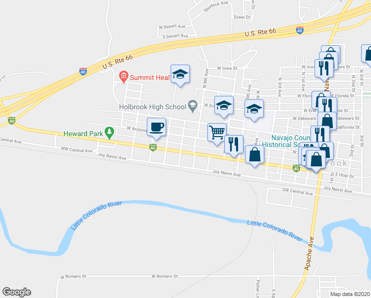 map of restaurants, bars, coffee shops, grocery stores, and more near 902 West Hopi Drive in Holbrook