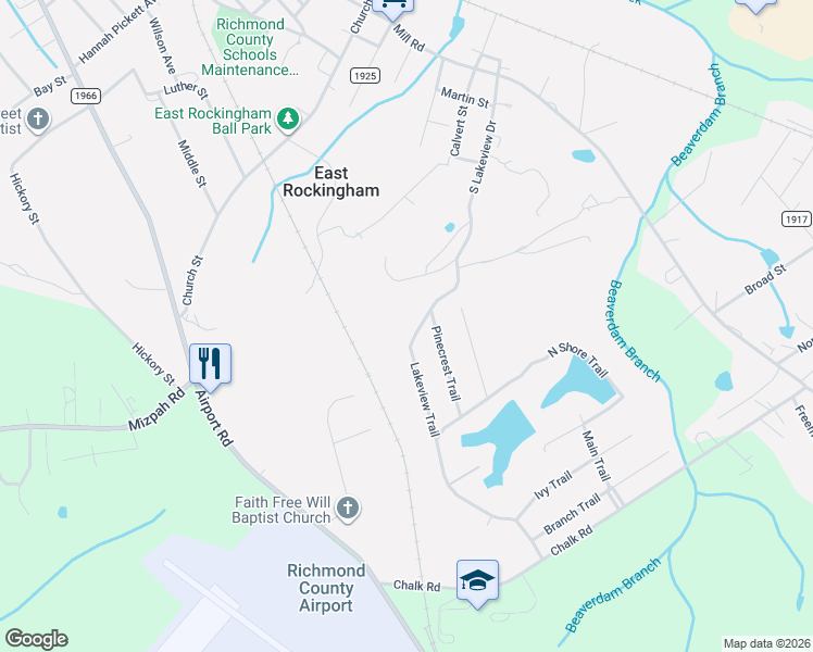 map of restaurants, bars, coffee shops, grocery stores, and more near 228 Lakeview Trail in Rockingham