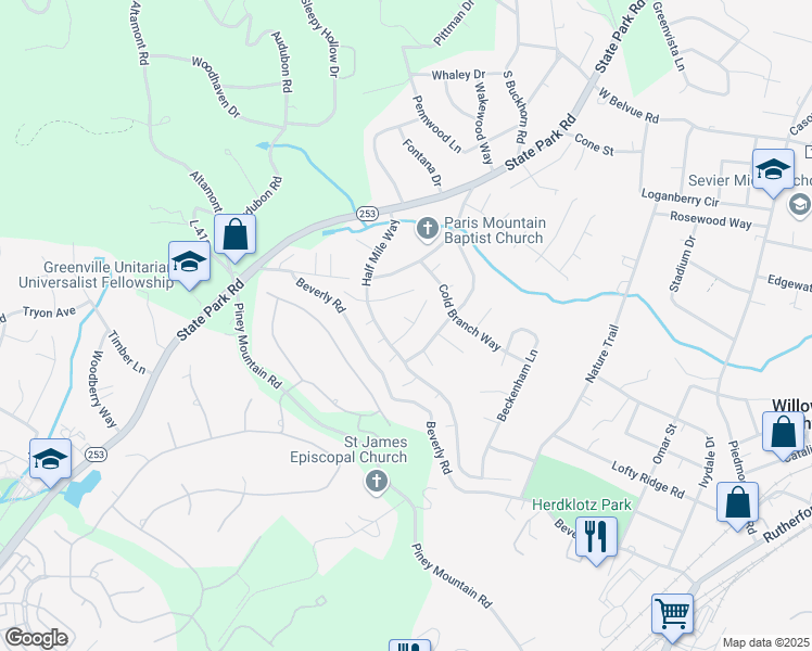 map of restaurants, bars, coffee shops, grocery stores, and more near 107 3 Forks Place in Greenville