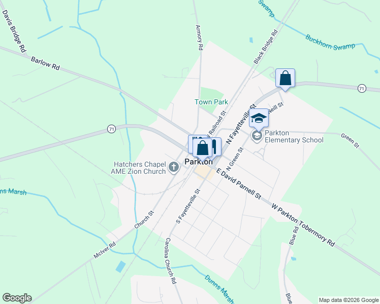 map of restaurants, bars, coffee shops, grocery stores, and more near North Carolina 71 in Parkton