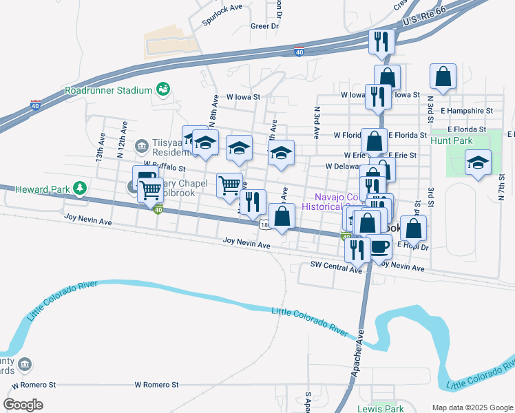 map of restaurants, bars, coffee shops, grocery stores, and more near 305 North 5th Avenue in Holbrook