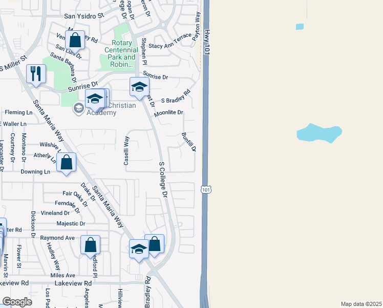 map of restaurants, bars, coffee shops, grocery stores, and more near 3111 Bunfill Drive in Santa Maria