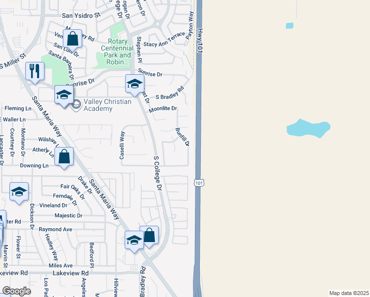 map of restaurants, bars, coffee shops, grocery stores, and more near 3111 Bunfill Drive in Santa Maria