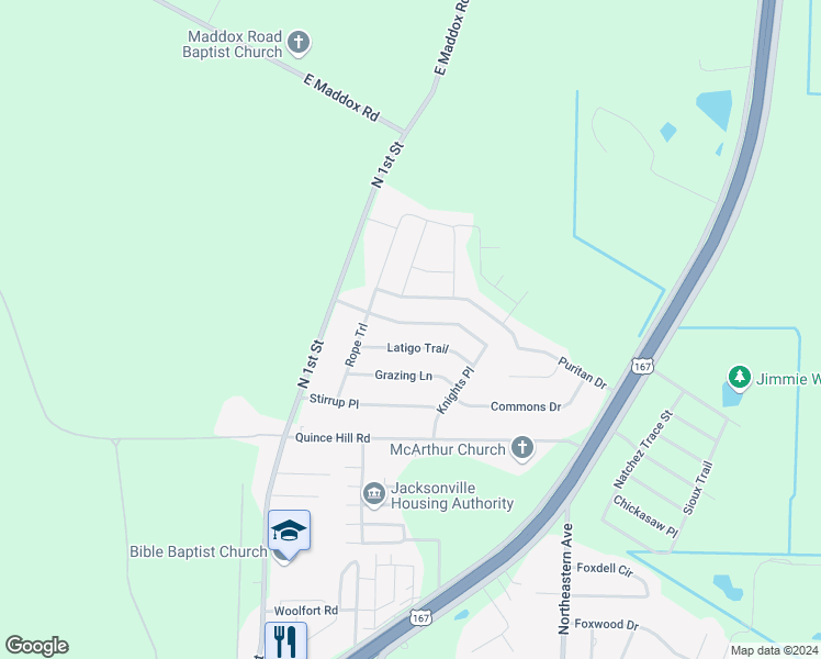 map of restaurants, bars, coffee shops, grocery stores, and more near 1001 Mesquite Trail in Jacksonville