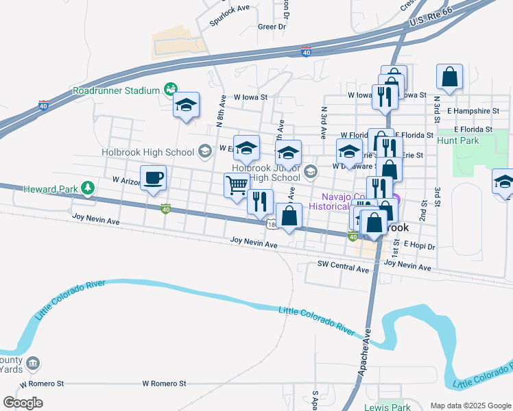 map of restaurants, bars, coffee shops, grocery stores, and more near 305 North 5th Avenue in Holbrook