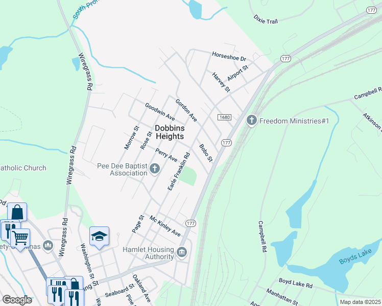 map of restaurants, bars, coffee shops, grocery stores, and more near 250 Earle Franklin Road in Hamlet