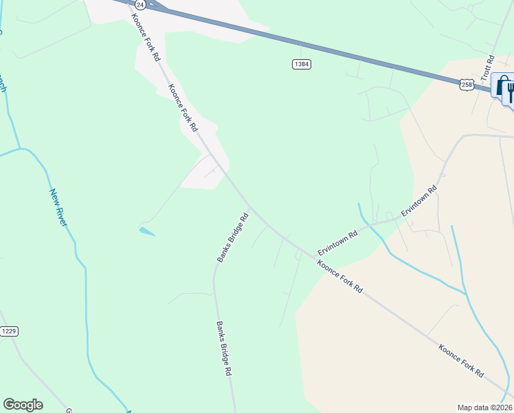map of restaurants, bars, coffee shops, grocery stores, and more near 580 Koonce Fork Road in Richlands