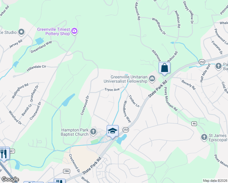 map of restaurants, bars, coffee shops, grocery stores, and more near 7 Tryon Avenue in Greenville