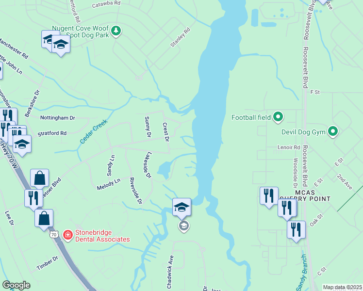 map of restaurants, bars, coffee shops, grocery stores, and more near 108 Crest Drive in Havelock