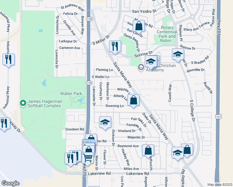map of restaurants, bars, coffee shops, grocery stores, and more near 379 Atherly Ln in Santa Maria